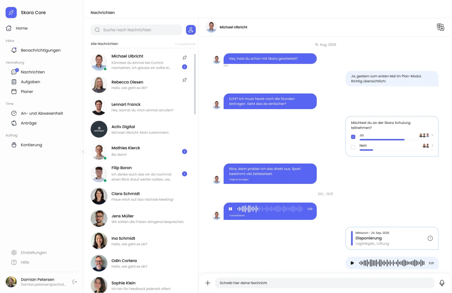 Skara Core – Tagesübersicht, Messenger und Aufgaben